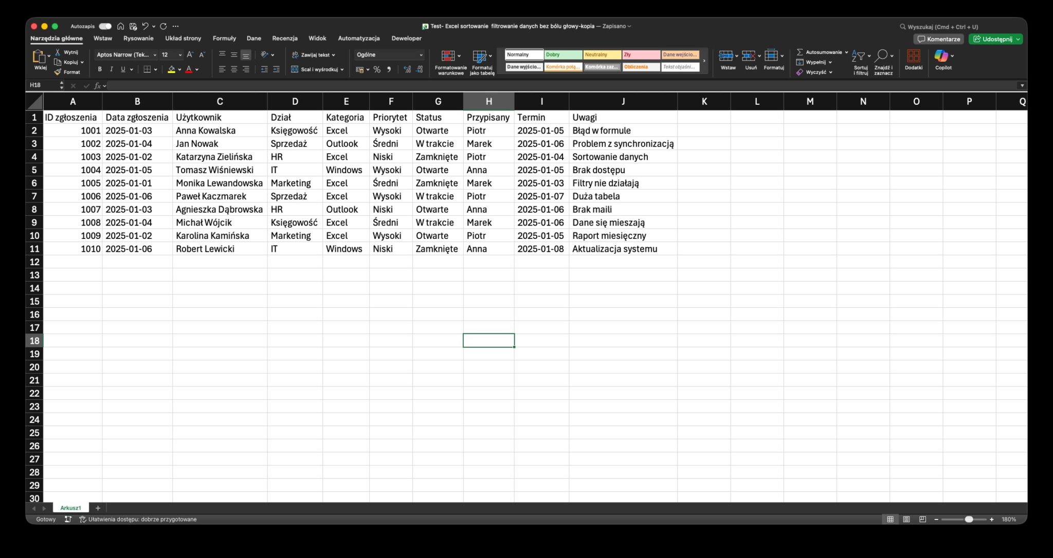 Sortowanie i filtrowanie danych Excel 1