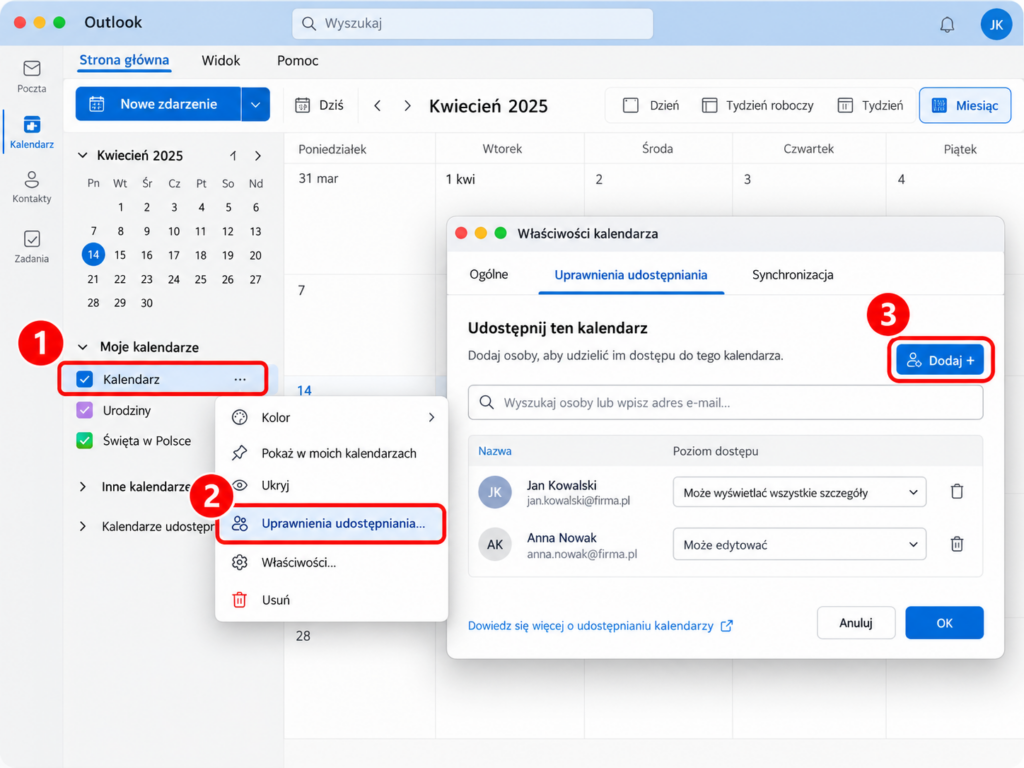 Udostępnianie kalendarza w Outlook 365 na macOS - wybór kalendarza i opcji udostępniania.