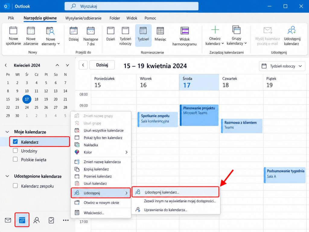 Udostępnianie kalendarza w Outlook 365 na Windows - wybór kalendarza i opcji Udostępnij kalendarz.
