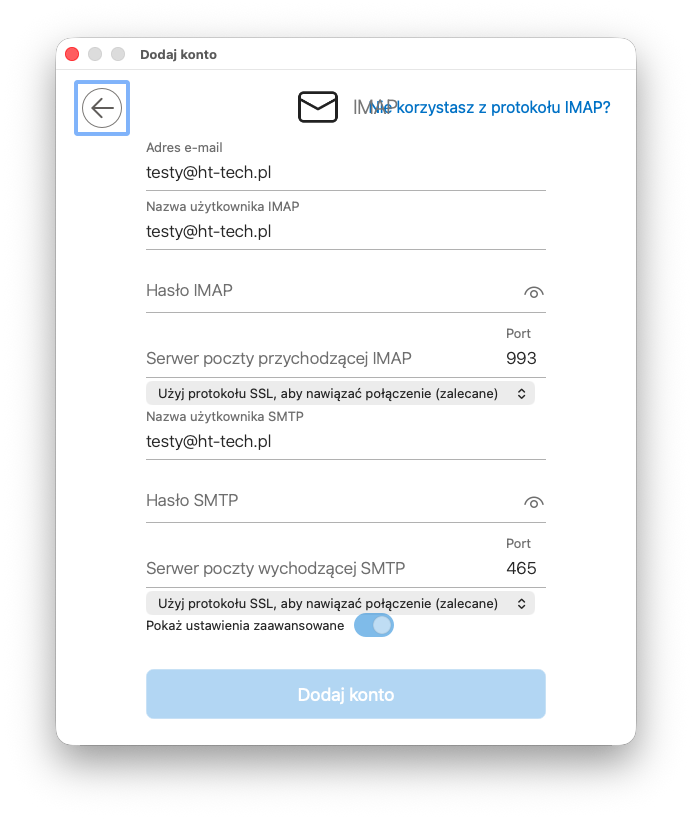 Obrazek - ustawienia serwera IMAP i SMTP